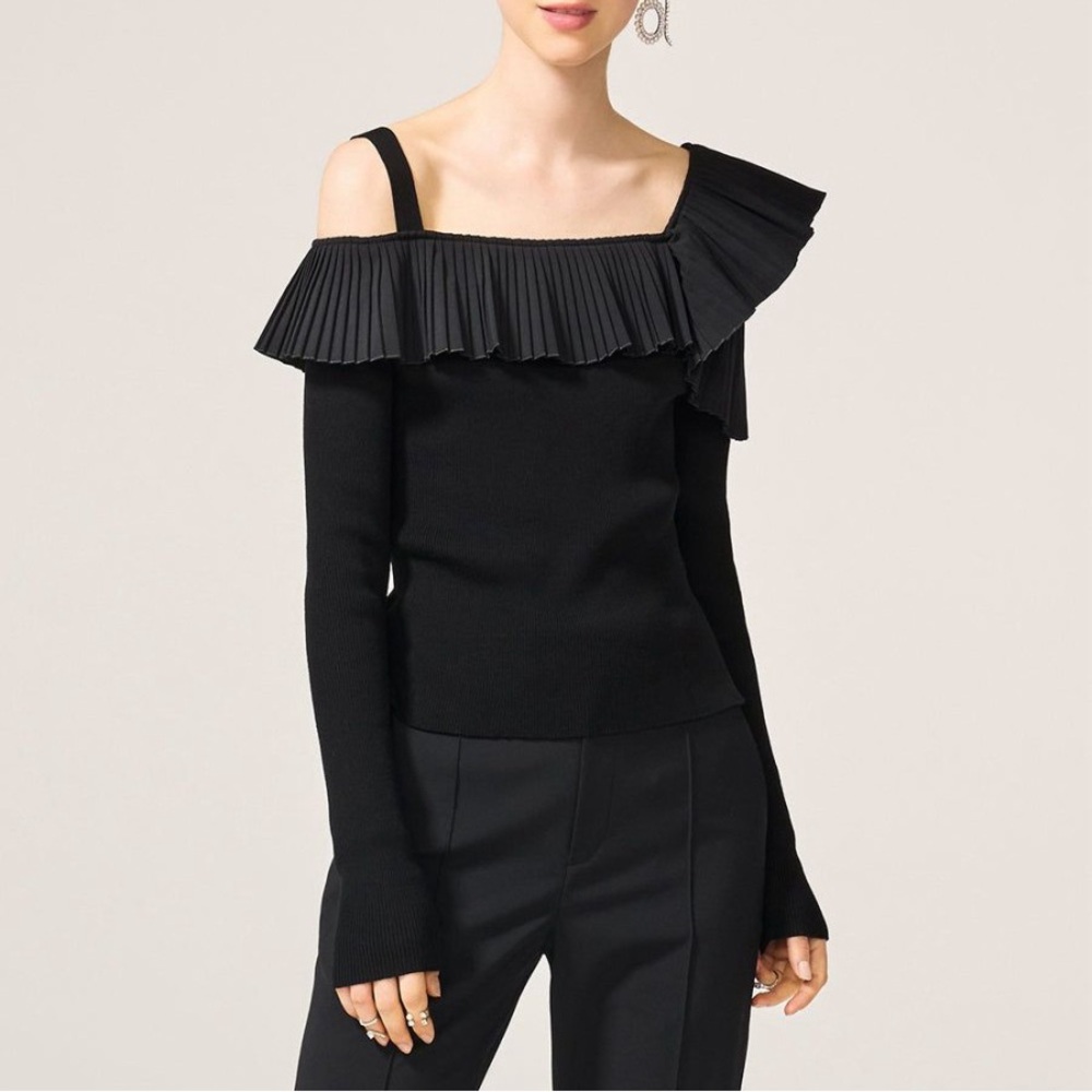 ADEAM Intermix “Alanis” black cold shoulder pleated ribbed sweater top M